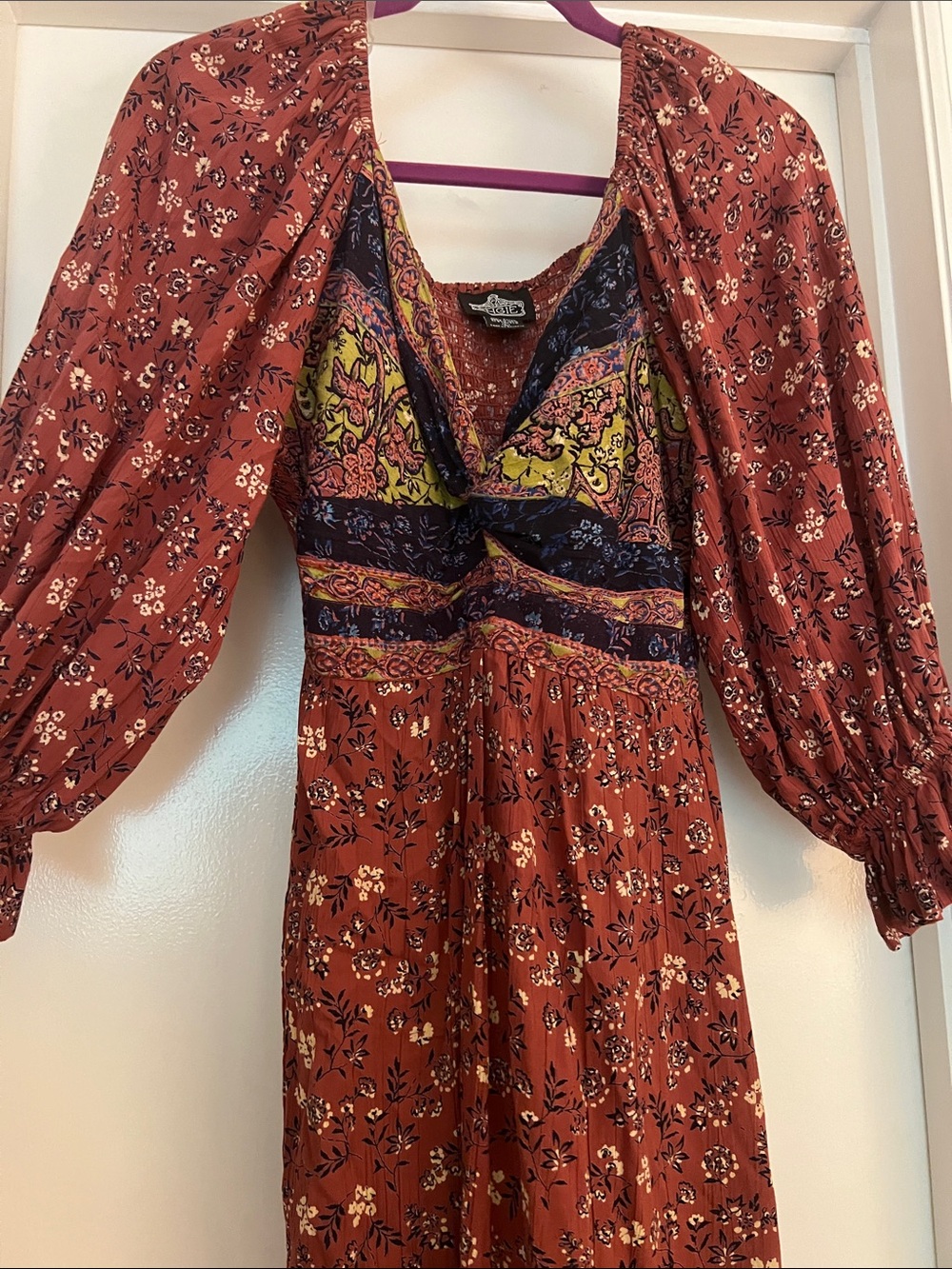 Rust Floral Boho Midi Dress with Puff Sleeves